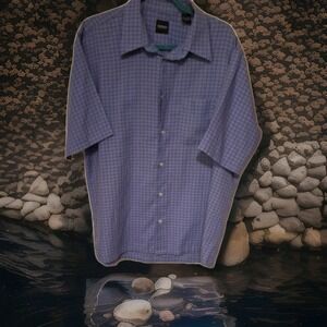 Slates by Dockers  Mens L. Cotton Blend Blue Small Plaid Short Sleeve Shirt 0036